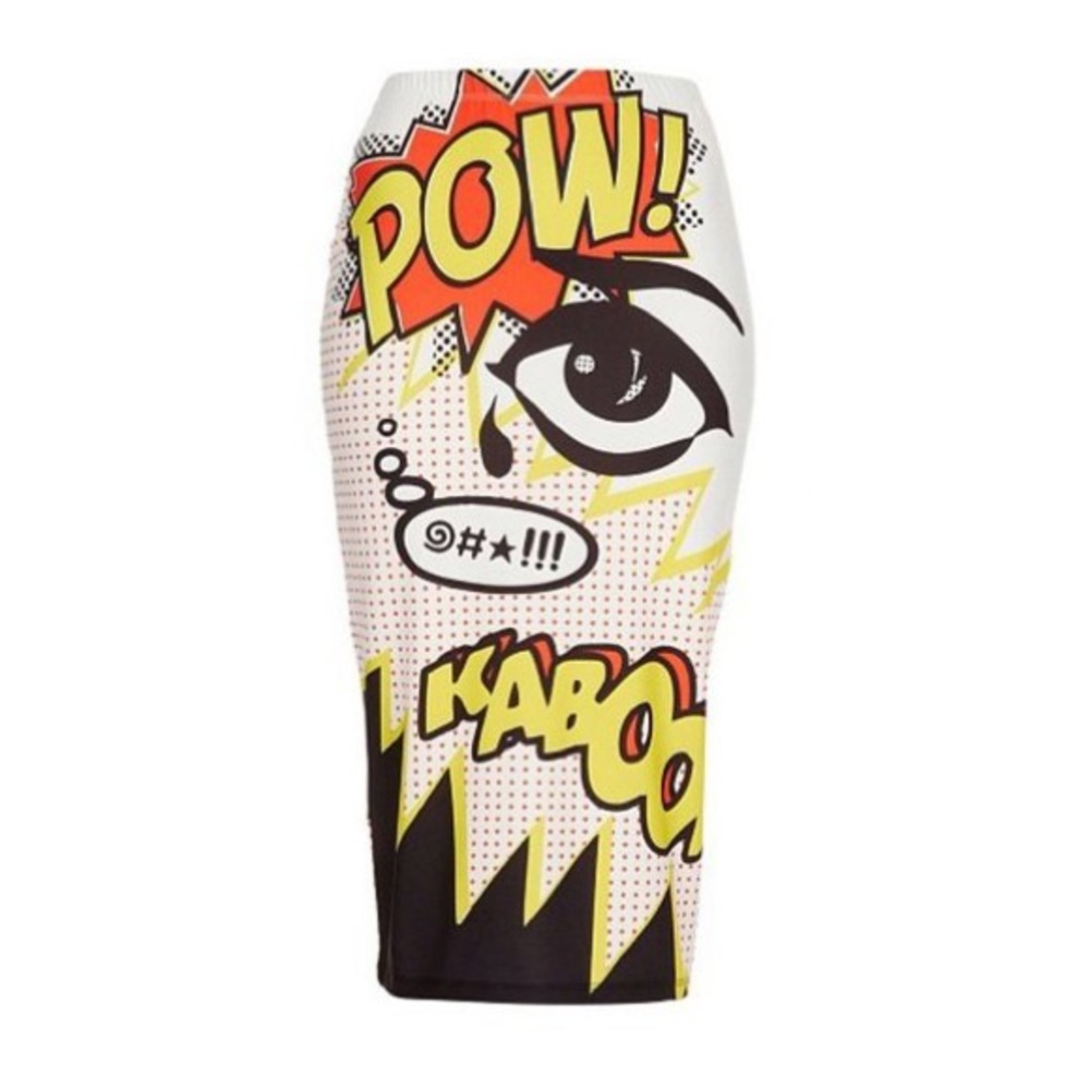 TOPSHOP Kaboom Pow Size 8 Stretch Pencil Skirt Comic Pop Art Rare Kitsch Fun